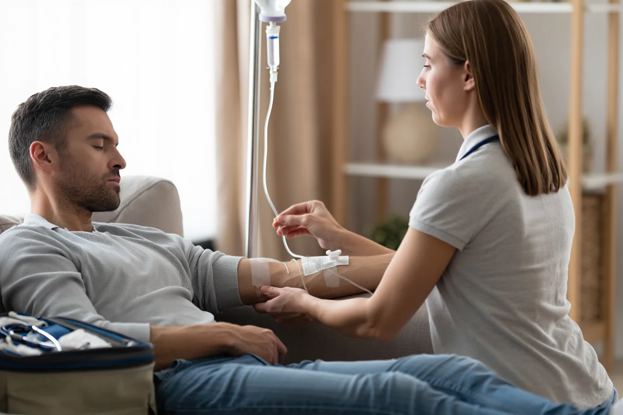 Врач проводит внутривенную детокс-терапию пациенту на дому